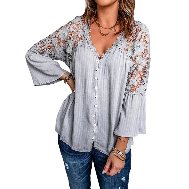 Hot Sale New Loose Lace Button Up Flare Sleeves V-neck Sexy Shirt Tops