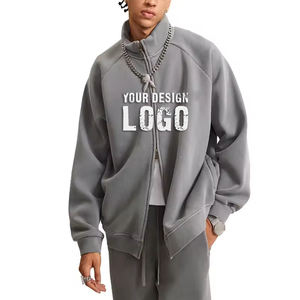 Autumn Winter Drop Shoulder Zipped Cardigan <b>Mens</b> <b>Hoodies</b> Wholesale OEM Washed Plus Fleece Stand Collar Full Zip <b>Men's</b> <b>Hoodies</b> - Product Image 1