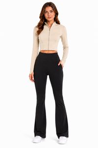 Set da Donna con Felpa Corta Nera con Zip e Pantaloni a Vita Alta a Zampa d'Elefante, Aderente e Traspirante per Tutte le Stagioni - Product Image 2