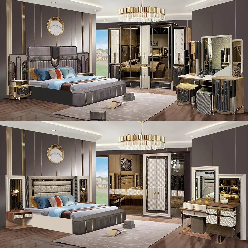 Новый дизайн, деревянная двуспальная кровать размера «King-Size», современная домашняя Главная комната, полностью роскошная мебель из МДФ, набор мебели для спальни
