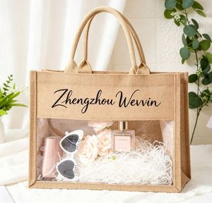 Custom Logo Transparent Linen <b>Wedding</b> <b>Gift</b> <b>Bags</b> Bridesmaid Favors Decor Model F0826 1pc MOQ - Product Image 3