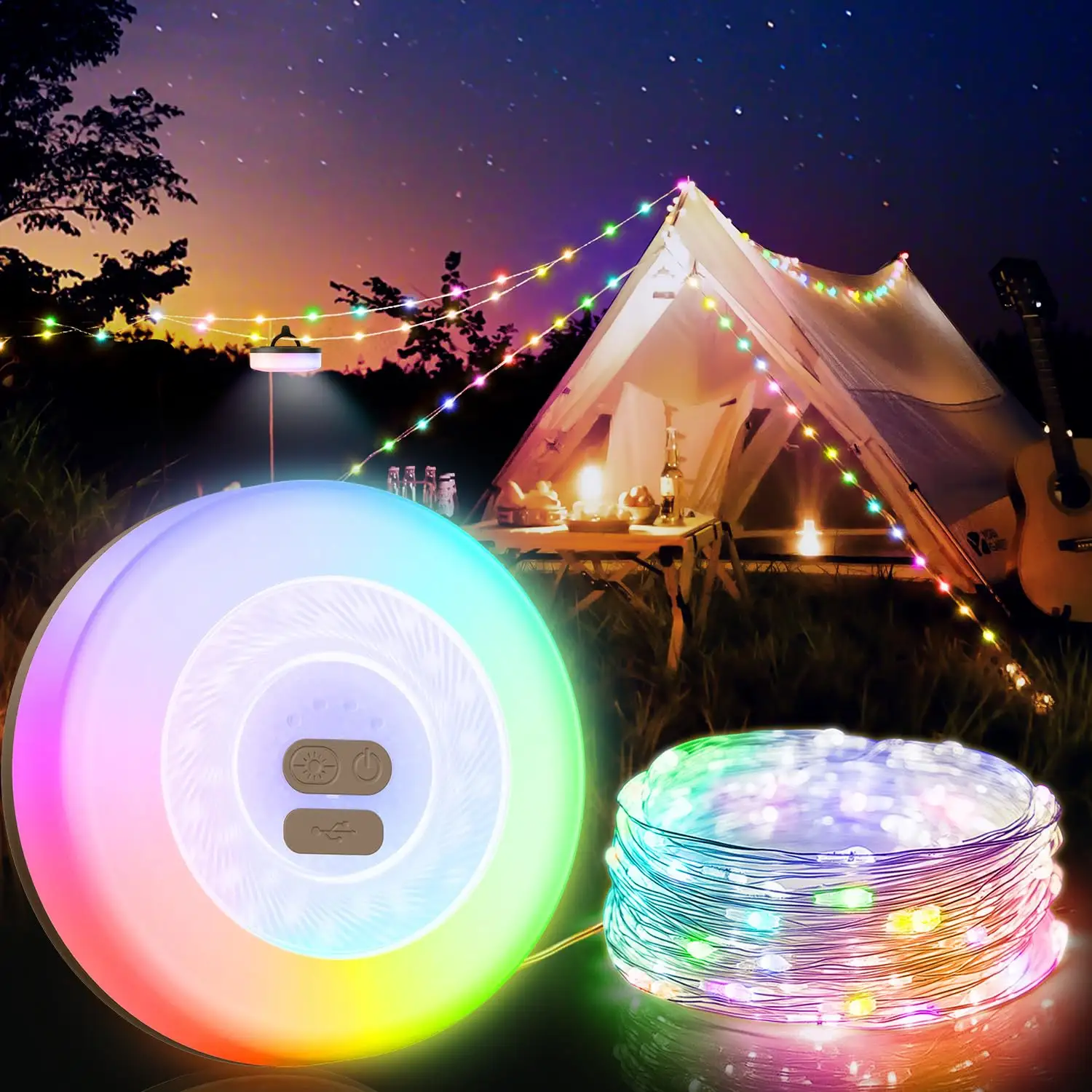 TSINYE Cadena de luces para acampar con energía solar y luz recargable por USB con control remoto Luz de camping portátil para senderismo