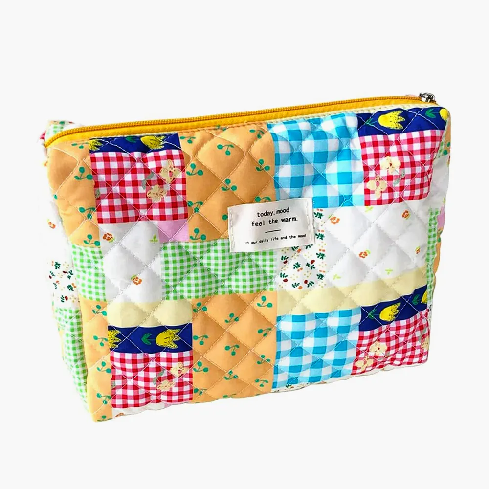 Custom Own Label Novation Quilted Cotton Makeup Bag Korean Colorful Seamless Flower Pattern Large Capacity Travel Cosmetic Bag