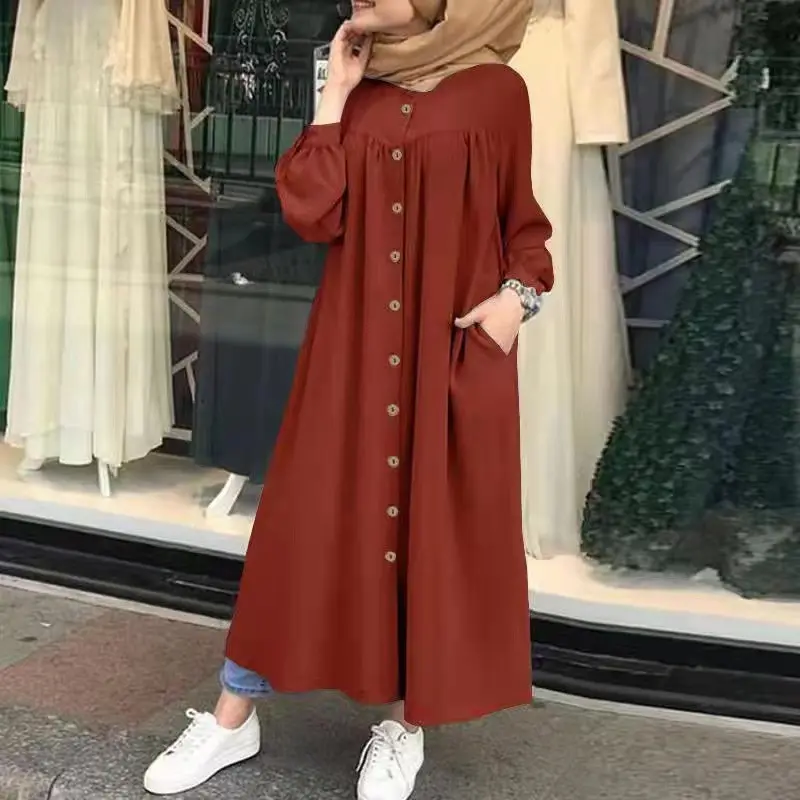 Groothandel Islamitische Kleding Effen Kleur Losse Plus Size Abaya Moslim Vrouwen Effen Dagelijkse Shirts Lange Jurk