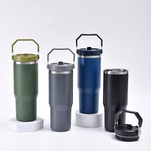 Gobelets isothermes en acier inoxydable de 30 oz avec logo personnalisé, tasses de voyage à café avec paille et poignée, vente en gros - Product Image 2