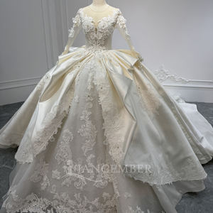 For XS247 Modern <b>Long</b> Chapel Train Full Sleeve Satin Embroidery Flower Wedding Empire <b>Gowns</b> <b>Dresses</b> for Women - Product Image 3