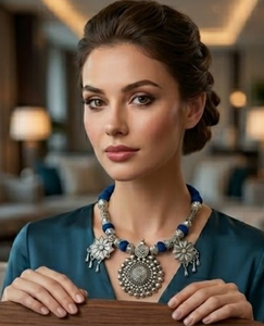 DIVYORO Boho Chic <b>Blue</b> <b>Bead</b> and Oxydized Silver Floral Pendant Necklace Designer Handmade Ethnic Statement Jewelry for Women - Product Image 4