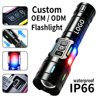 Nouvelle lampe torche puissante rouge et bleue avec avertissement sonore, super lumineuse, rechargeable USB-C, zoom, laser blanc, lampe torche LED COB