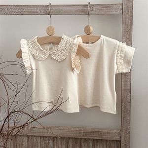 Chemise à manches courtes à col rond et à volants en dentelle, mélange de coton, haut d'été décontracté pour les tout-petits, les filles - Product Image 1