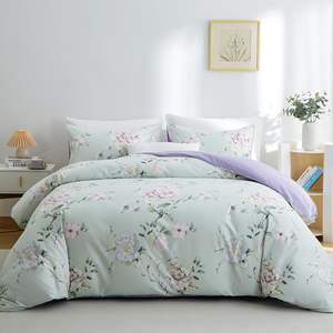 Housse de couette respirante vert sauge et violet Floral 3 pièces ensemble de literie en microfibre à armure toile <span class=keywords><strong>imprimée</strong></span> douce avec 2 taies d'oreiller - Product Image 1