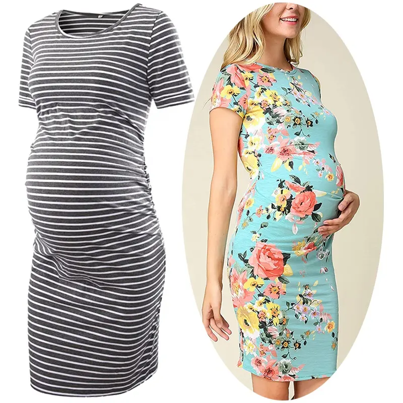 بوهو الأمومة ملابس للحمل مخطط الحمل الملابس الزهور Ruched أعلى الحوامل أمي الملابس Bodycon اللباس