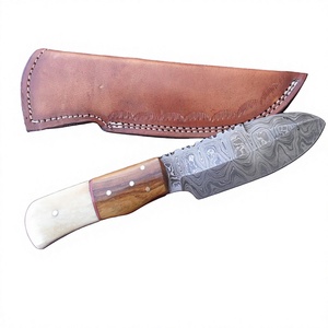 Cuchillo de Hoja Fija para Exteriores, Acero de Damasco, Mango de Madera, Punta Caída, Cuchillo de Caza con Funda de Cuero - Product Image 5