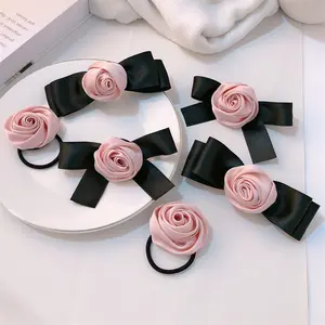 Trend Camellia Bow Hairpin Girls Pink Rose Silk Elastic Scrunchie Elegant Style Hair Clips Women Fabric Cover Hair Accessories