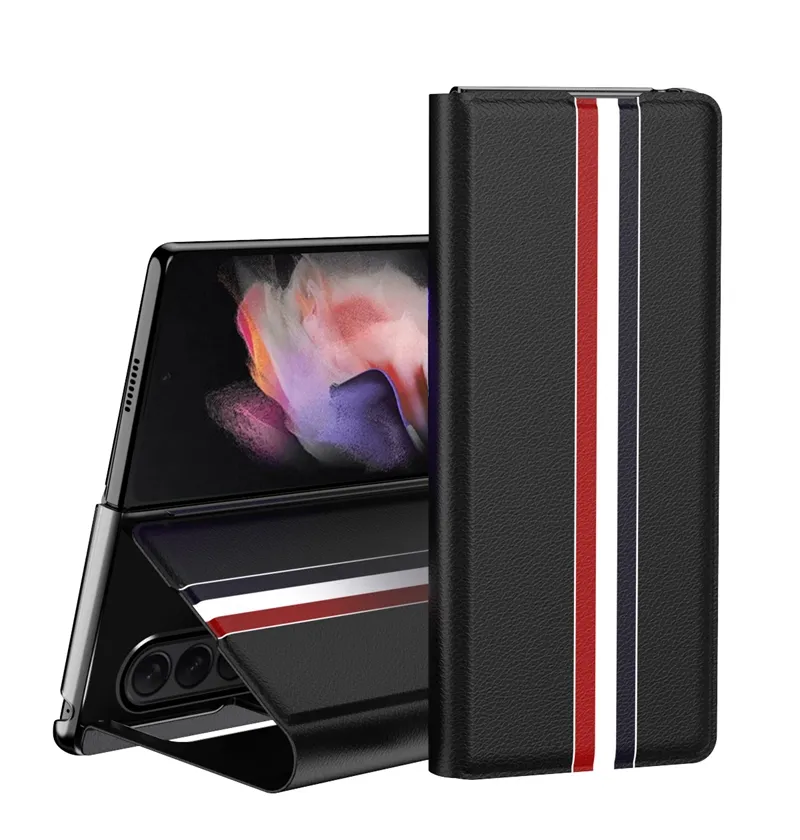 เคสโทรศัพท์มีที่ค้ำสำหรับ Samsung Galaxy Z Fold4,ฝาหลังคุณภาพสูงพับได้พร้อมช่องเสียบการ์ด PC + หนัง PU