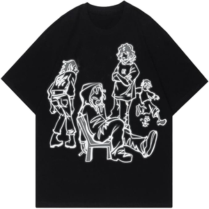 T-shirt graphique à personnage dessiné à la main, style Indie Art, coupe oversize, motif ligne blanche, streetwear, coupe carrée, illustration minimaliste - Product Image 4