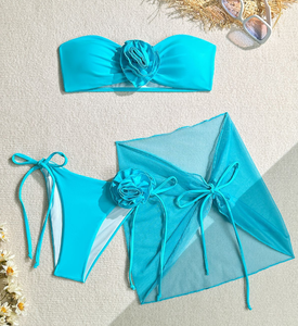 Yeni stok 3 renkler büyük çiçek askısız Bandeau mayo kadınlar 3 parça mayo çiçek Bikini Sheer plaj için Sarong