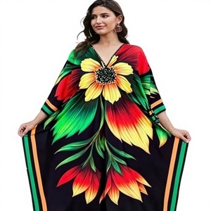 Robe longue florale à col en V, manches trois-quarts, coupe ample, style bohème, vêtements de plage pour femmes, polyester léger - Product Image 1