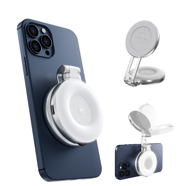 TELESIN Rechargeable Mini Selfie Ring Light Aluminum Alloy LED 3 Modes Adjustable 180 Flip Built-in Mirror Mobile Phone