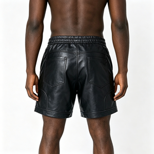 <span class=keywords><strong>Pantaloncini</strong></span> al Ginocchio da Uomo in <span class=keywords><strong>Ecopelle</strong></span> Nera, Stile Streetwear, con Logo Personalizzato OEM, Vita Elastica e Gamba Larga - Product Image 2