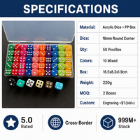 Lot de 50 dés acryliques tétraédriques de 16 mm, 10 couleurs, boîte en plastique, ensemble mixte