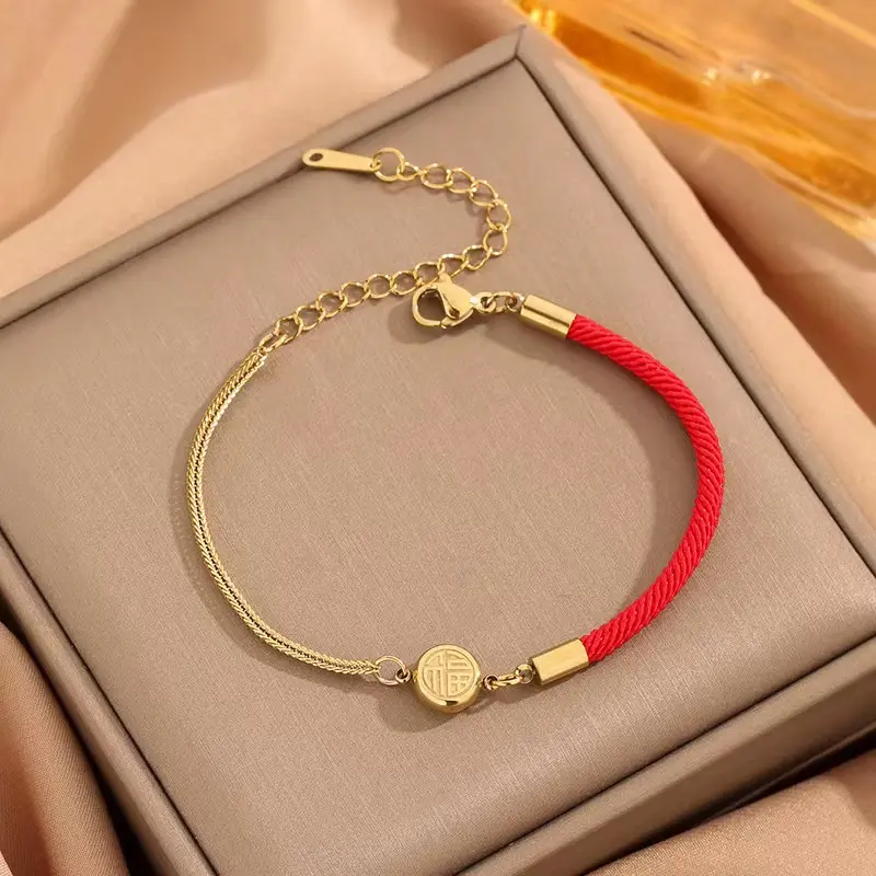 Vente en gros de bijoux en acier inoxydable, bracelet romain en corde rouge, bracelet à numéro romain pour femme, bracelet chinois porte-bonheur à double anneau