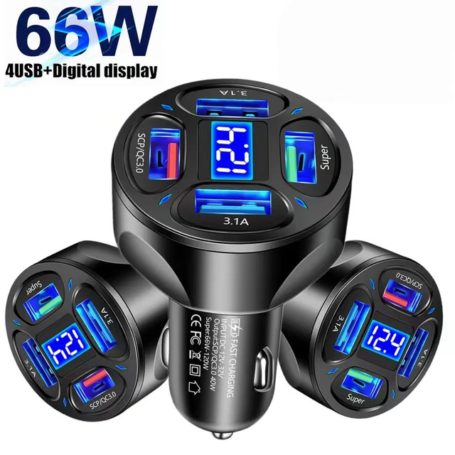66W 4 Ports USB PD Quick Car Charger QC 3.0 Type C Cigarette Lighter 12V USB C Car Charger for Mobile Phone
