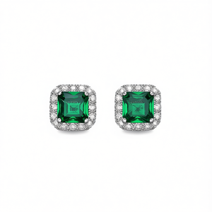 Boucles d'oreilles clous carrées classiques, zircon vert taille princesse, sertissage griffe halo, alliage de zinc, bijoux de mode pour femme, modèle E671 - Product Image 1