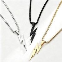 Kalung Liontin Lightning Bolt Pria N143 Rantai Kotak Baja Lapis Emas 18K Hitam Perak Perhiasan Punk HipHop Hadiah Pemakaian Sehari-hari