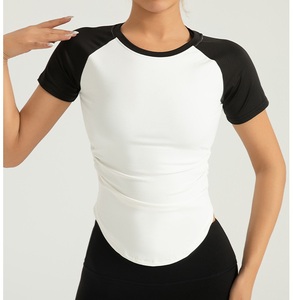Top Corto Deportivo para Mujer, Cuello Redondo, Manga Corta, Color en Contraste, Fruncido, Transpirable, de Spandex y Poliéster, para Yoga y Fitness - Product Image 6