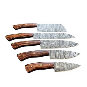 Ensemble de couteaux de cuisine en acier Damas, 5 pièces, manche en bois, lames droites, couteaux de chef, lame polie, ambidextres, haute qualité, 58-60HRC - Product Image 1