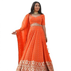 Lehenga Choli orange avec broderie dorée pour femmes, tenue de mariage Inde Pakistan, robe traditionnelle en polyester longueur ras du sol - Product Image 1