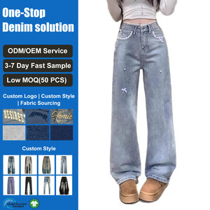 Jeans de Mezclilla <span class=keywords><strong>para</strong></span> <span class=keywords><strong>Mujer</strong></span>, Diseño Nuevo con Lazo, Cintura Alta, Color Sólido, Otoño/Invierno, Pierna Recta Ancha, Pantalones Holgados - Product Image 1