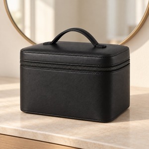 <b>Vanity</b> Case Structured Train Case Makeup <b>Bag</b> with Top Handle and Brush Panel PU Leather Custom Logo - Product Image 1