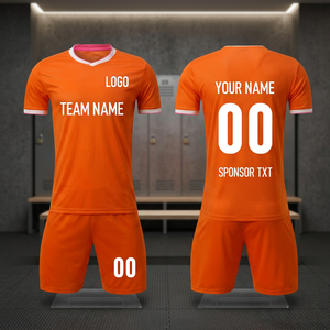 Ensemble de maillots de football orange personnalisés pour hommes, manches courtes, col en V, polyester respirant, nom et numéro de l'équipe, impression sublimée, toutes saisons - Product Image 2