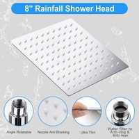 Pomme de douche à effet pluie de 8 pouces Pomme de douche à main en ABS avec bras d'extension de 11 pouces, support et tuyau