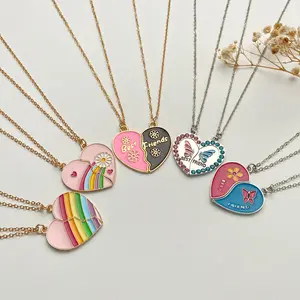 2Pcs/Set BFF Children Necklace Best Friends Forever Broken Heart Necklace Enamel Rainbow Pendant Necklace For Girls Kids