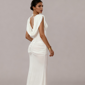 Robe pour femme sophistiquée, taille cintrée avec design plissé, robes de couleur unie avec décolleté évasé tendance - Product Image 2