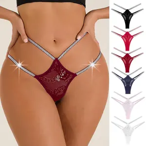 Wholesale Sexy Transparent Women's Lace Briefs Double Strap Sexy Bling Panties Hollow Out Rhinestone G String For Women