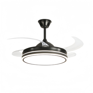 Ventilateur de plafond LED moderne en métal avec moteur DC, 4 pales, télécommande, intensité variable, 6 vitesses, 3000K-6000K, IRC 85, montage en suspension 30-34 pouces - Product Image 1