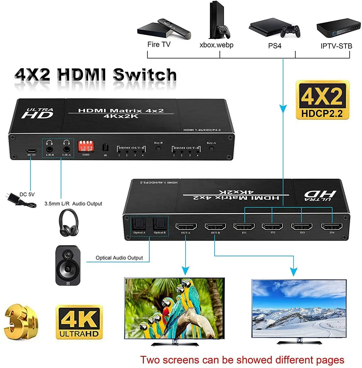 OZJ1 4K 4x2 HDMI מטריקס החלף 4 ב 2 מתוך מטריקס HDMI וידאו Switcher ספליטר עם אופטי L/R אודיו Extractor EDID IR מרחוק