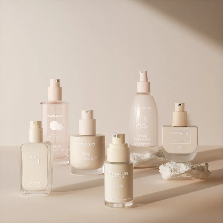 Bottiglia di vetro di fondotinta liquida quadrata rotonda per la cura della pelle privata, bottiglia di lozione cosmetica per la cura della pelle personalizzata