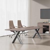 Table de réunion avec prise de courant et boîte à câbles, 8 places, base en acier inoxydable, cadre à pieds en X, table de conférence pour 8 personnes, table de réunion