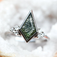 Anillos de Plata S925 con Baño de Rodio, Diseño Vintage con Ágata Verde Musgo Corte Cometa, para Novia, Boda, Aniversario, San Valentín, Regalo