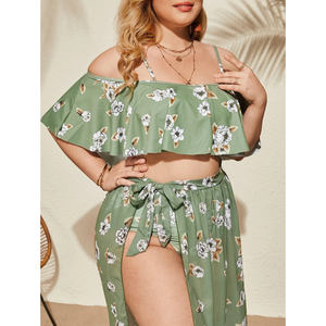 Nouveau <span class=keywords><strong>maillot</strong></span> <span class=keywords><strong>de</strong></span> <span class=keywords><strong>bain</strong></span> trois pièces pour femmes, jupe à volants taille haute, grande taille, imprimé - Product Image 1