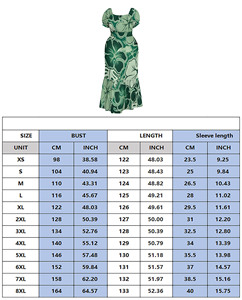 Abito lungo da donna taglie forti con stampa foglie di plumeria blu reale sfumato in verde acqua, scollo quadrato e maniche corte a sbuffo, stile tropicale, personalizzabile, direttamente dalla fabbrica. - Product Image 6