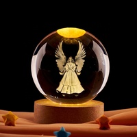 Boule de cristal personnalisée gravée au laser 3D avec ange chrétien, base en bois avec lumière LED, sphère religieuse, veilleuse décorative