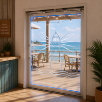Porte coulissante en verre à double battant éclairée par LED, porte d'entrée automatique à double ouverture avec bande LED