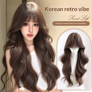 Perruque complète pour femme, en fibre haute température mate, avec effet de cuir chevelu frontal sans couture, franges droites, <span class=keywords><strong>cheveux</strong></span> longs ondulés bouclés - Product Image 1