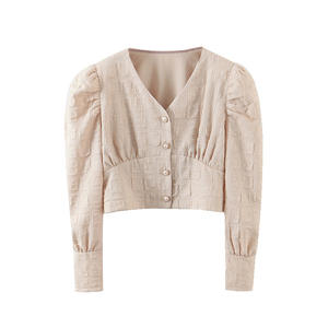 Blusa de Gasa para Mujer Runqi, Cuello en V, Mangas Abullonadas, Cintura Ajustada, Color Verde Albaricoque, Uso Diario N8281 - Product Image 2