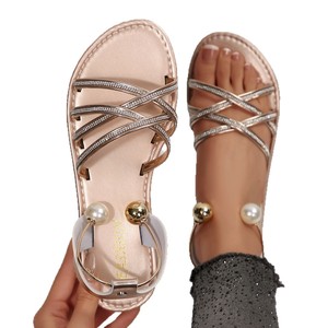 2026 New Arrival Women Rhinestone Flat Roman <b>Sandals</b> Plus Size <b>Elastic</b> Criss Cross Thin Strap European American Style Shoes - Product Image 4